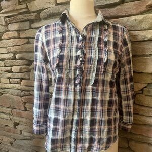 Zara Basics Women’s Ruffled Navy White Plaid Button Up collared neck 3/4 sleeves